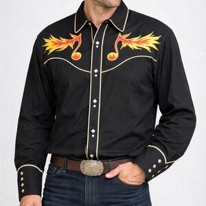 Scully Western Shirt Men’s L | Rockabilly Music Note Embroidery Snap Button BLK